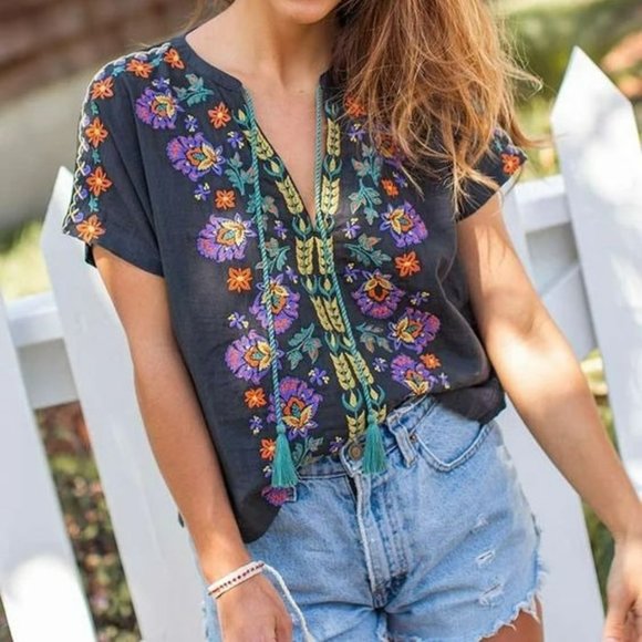 NATURAL LIFE Tops - Natural Life Embroidered Tassel Top Charcoal Boho Cropped Cotton V- Neck Size M